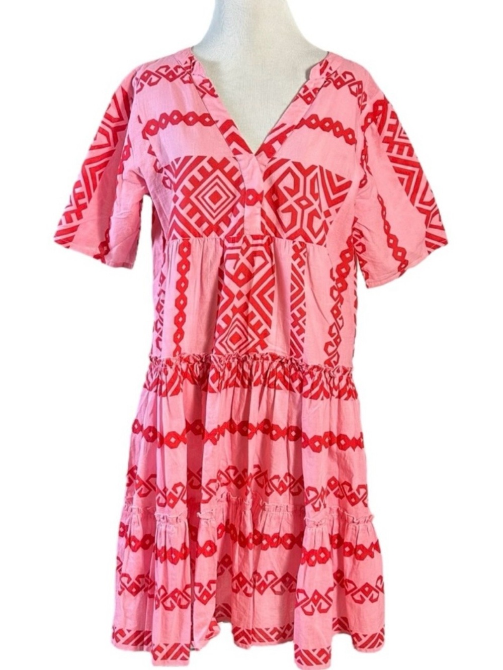Bindu Bohemian Summer Printed Ruffle Shirt Dress Size Small Indian Cotton Pink